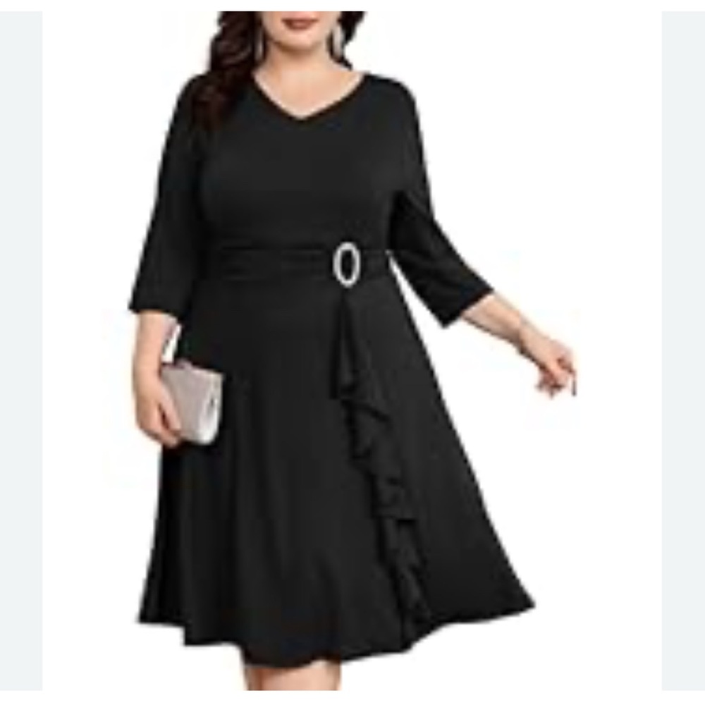 Hanna Nikole Black Ruffle Midi Dress Plus 22W NWT 3/4 Sleeve V‑Neck Elegant